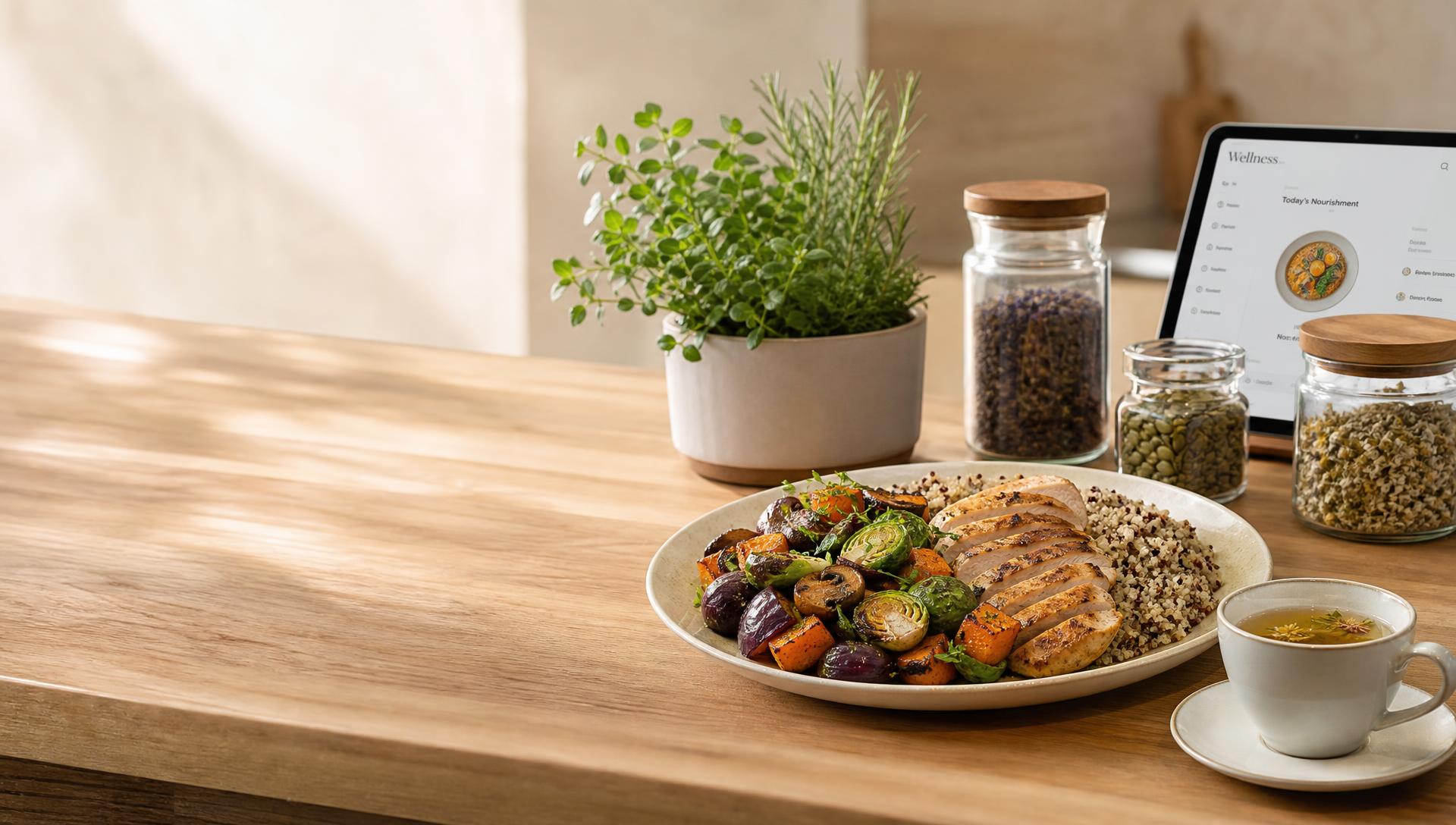 Plato saludable con verduras, proteína magra y quinoa junto a hierbas frescas, frascos de plantas secas, una taza de infusión y una tablet con una herramienta digital sobre una encimera de madera con luz natural